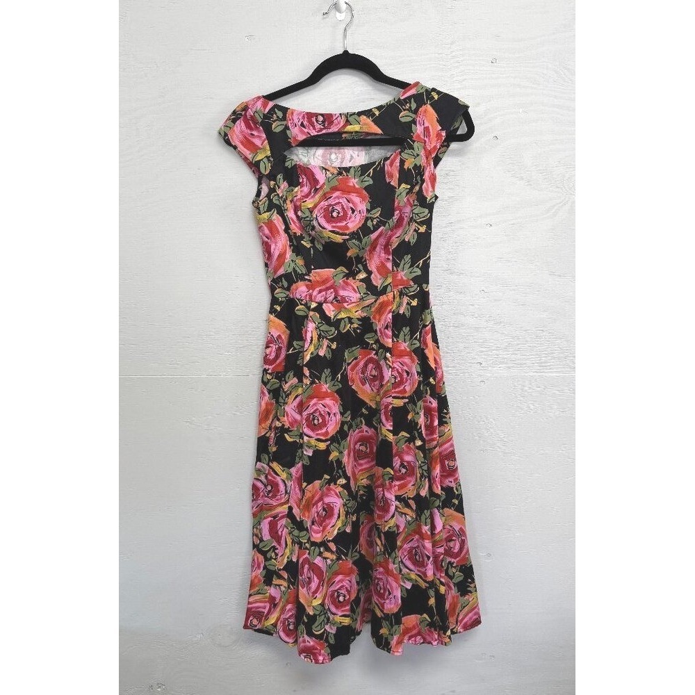 Hearts & Roses London Floral Swing Dress Pink Orange Roses Retro Rockabilly Sz 4